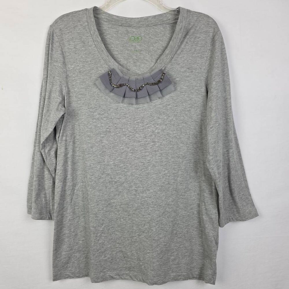 LOGO Instant Chic L Gray Ruffle Rhinestone 3/4 Sleeve Top - Picture 2 of 7
